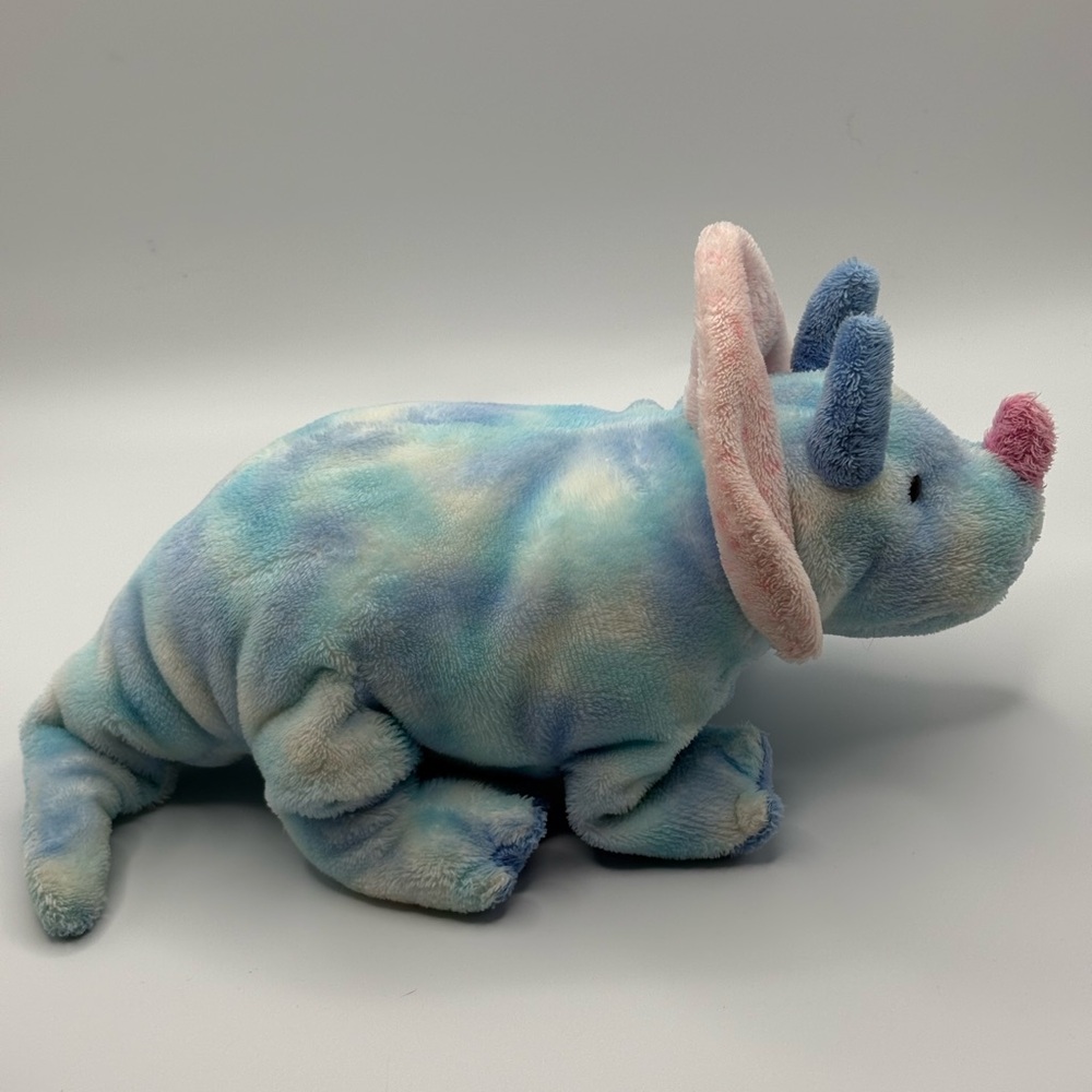 2006 Ty Pluffies Tromps Triceratops Dinosaur Plush Stuffed Toy Tye Dye Blue 12” - Picture 2 of 15